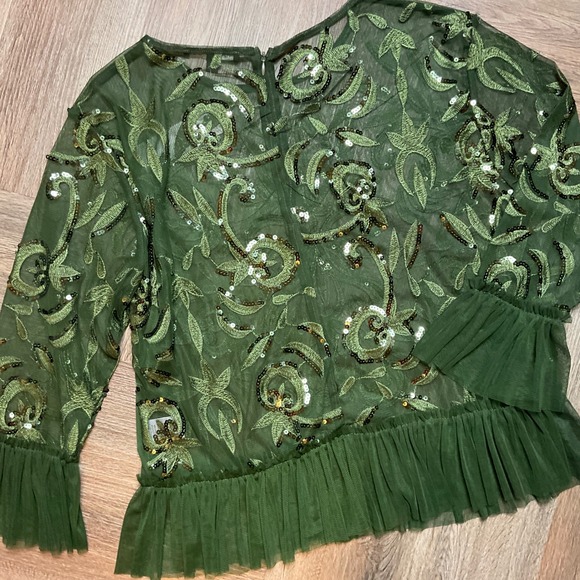 Indigo Moon Top Womens Medium Green Sheer Embroidered Sequin‎ Ruffle Hem - Picture 2 of 8